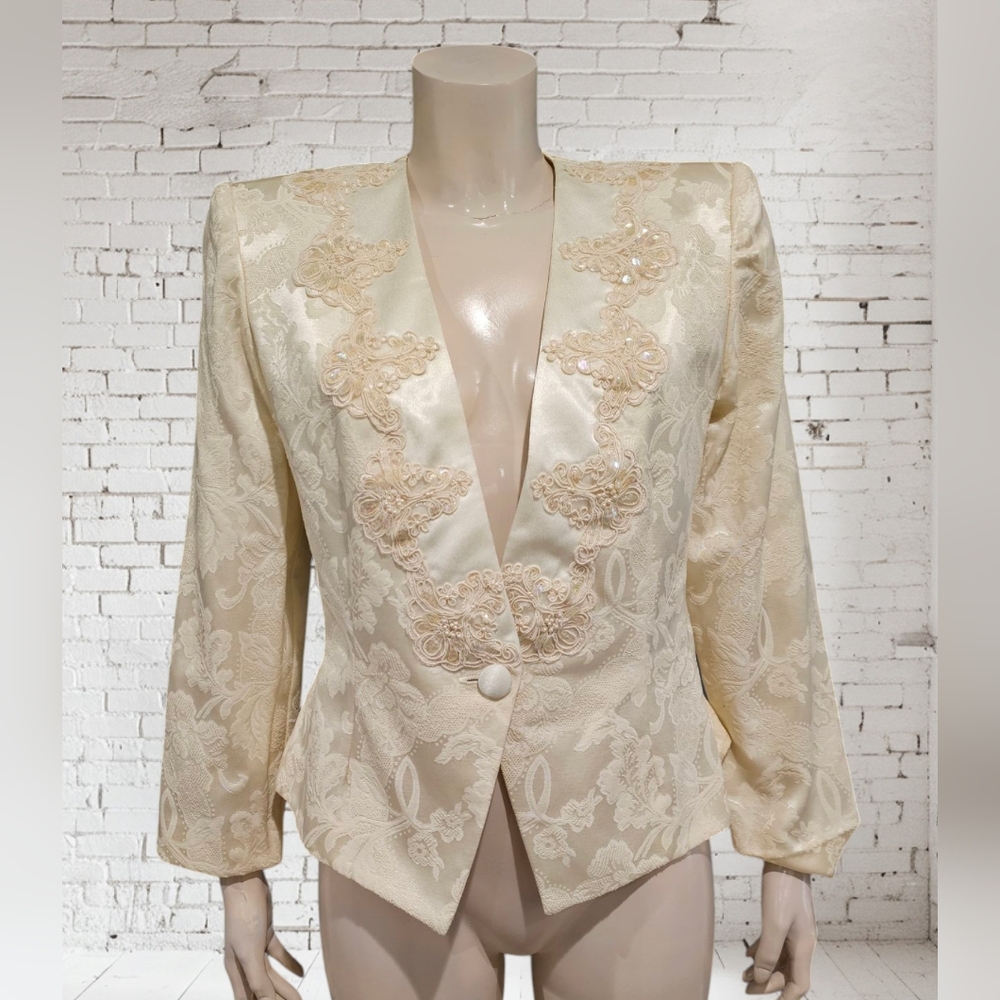 NAH NAH Collection Vtg Women Cream Sequin Applique Jacquard Jacket Blazer 10